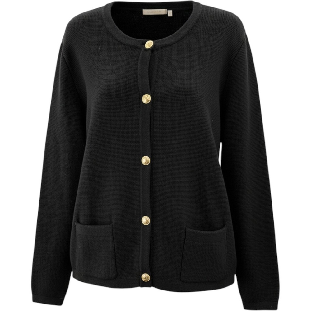 J.Crew Womens Black Cotton Textured Knit Cardigan Gold Crest Buttons XL
